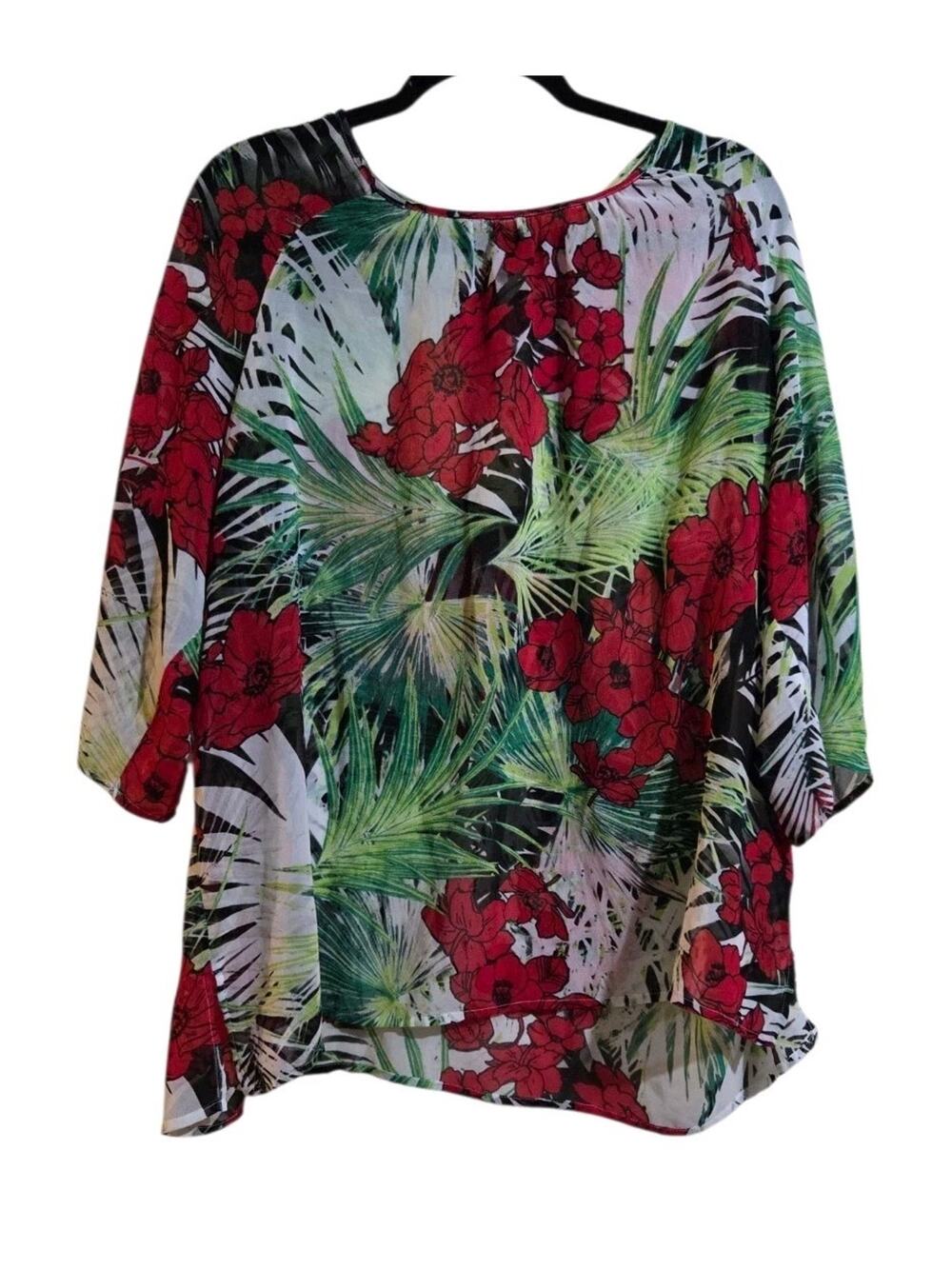 Chico's Tunic Top Size 3 (XL) Green Red White Black Tropical Lightweight Coverup
